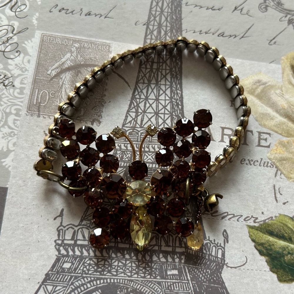 VINTAGE BUTTERFLY BROOCH & WATCH BAND hand crafted into GORGEOUS BRACELET